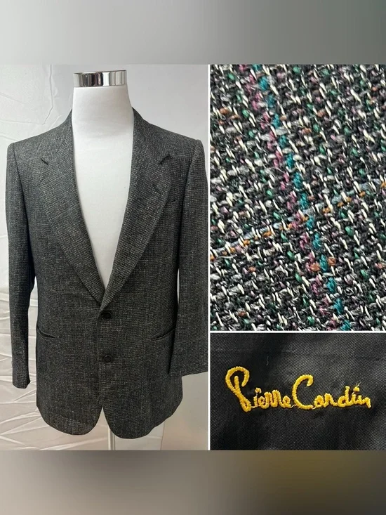 Pierre Cardin Vintage Men's 42S Charcoal Plaid Tweed Blazer Jacket Sport Coat