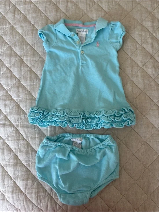 Ralph Lauren Baby Girl Aqua Polo Ruffle Dress with Bloomers