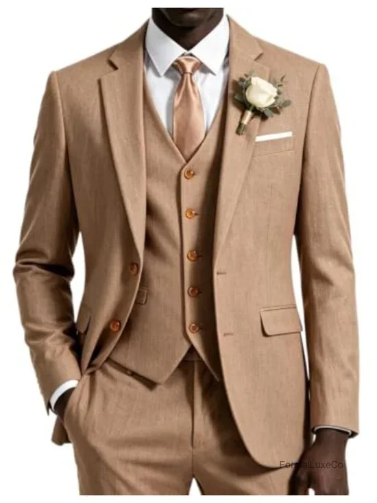 Men's 3 Piece Linen Suit Set Summer Beach Wedding Tuxedo Groomsmen Lightweight