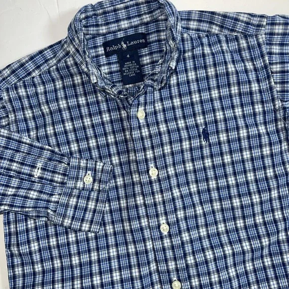 Ralph Lauren Boys Button Down Polo‎ Pony Shirt Size 4 Blue Plaid