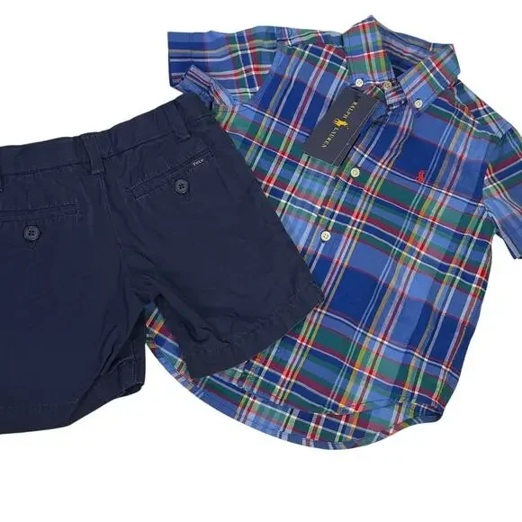 Ralph Lauren Boys 2T Plaid Button Down Shirt & Khaki Shorts Outfit Set NWT
