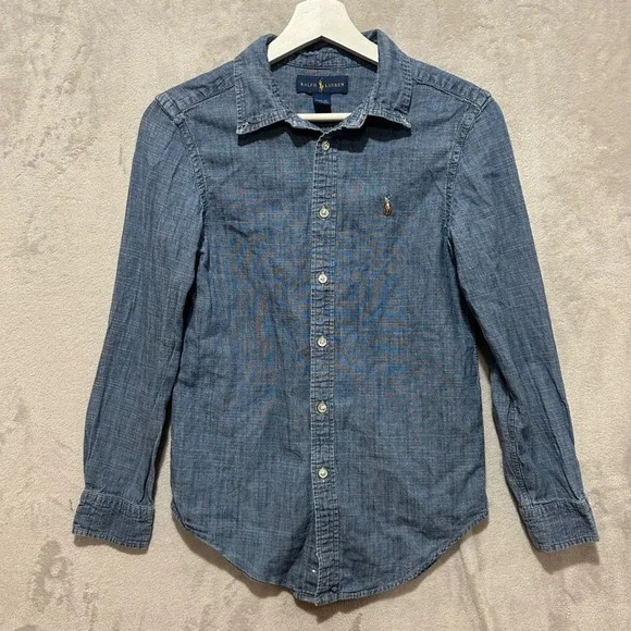Ralph Lauren Boys Blue Chambray Button Down Shirt Sz  M 10-12 Cotton Long Sleeve