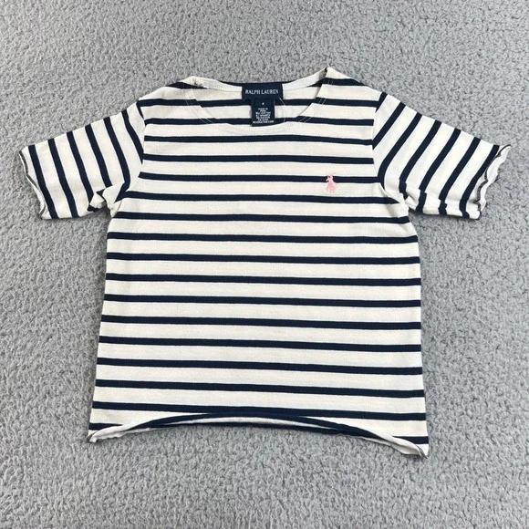 Ralph‎ Lauren T-Shirt Girls 4 White Navy Striped Short Sleeve Lettuce Trim Pony