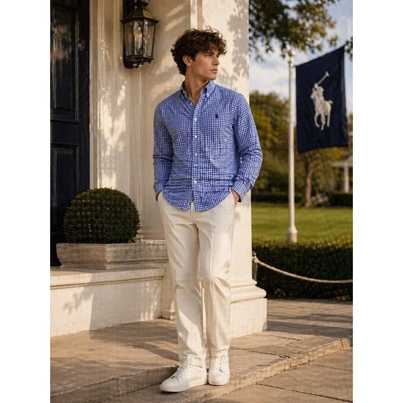 RALPH LAUREN Boys Shirt XL 18-20 Long Sleeve Multicolor‎ Plaid Blue Check Cotton