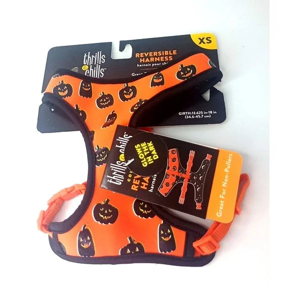 Thrills & Chills Halloween Dog Harness‎ - XS  Reversible/Glows In the Dark - NWT