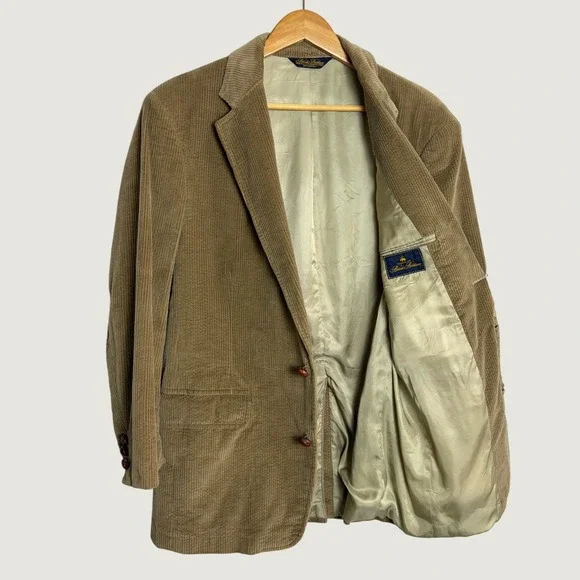 Brooks Brothers Men Vintage Tan Corduroy Blazer Sport Coat Woven Buttons 39R USA