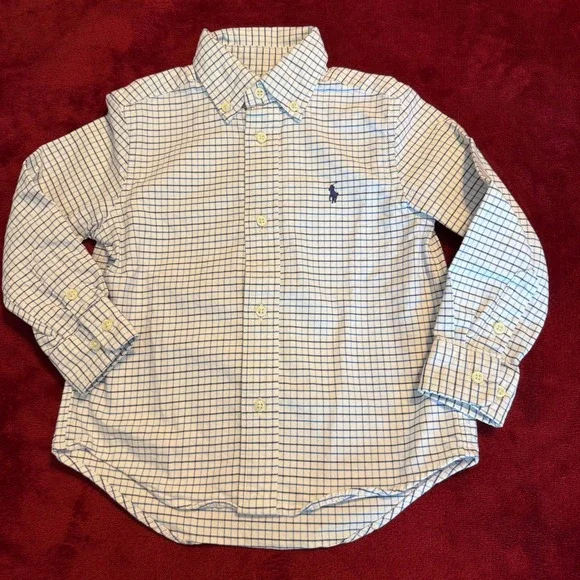 Ralph Lauren Boys 3T Blue‎ White Grid Check Long Sleeve Button Down Shirt Cotton
