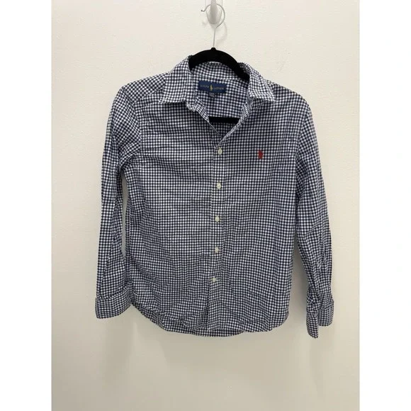 Ralph Lauren Boys Blue White Gingham Button Front Shirt Cotton Size Large 14-16
