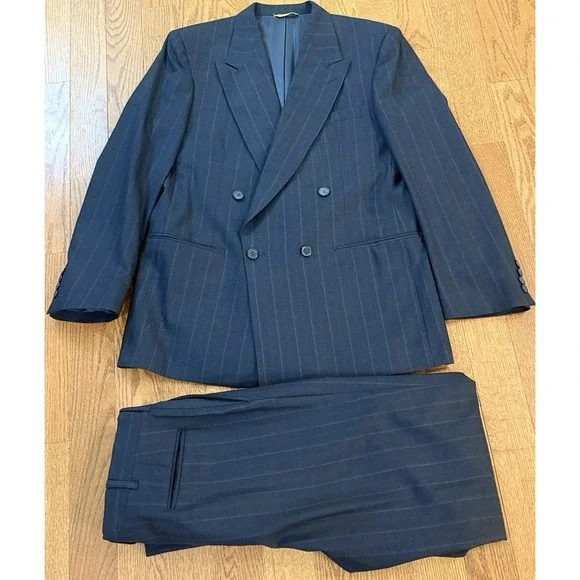 Kuppenheimer Suit Mens 40L 40x32 Striped Double Breasted Vintage 34x32 Pant Wool