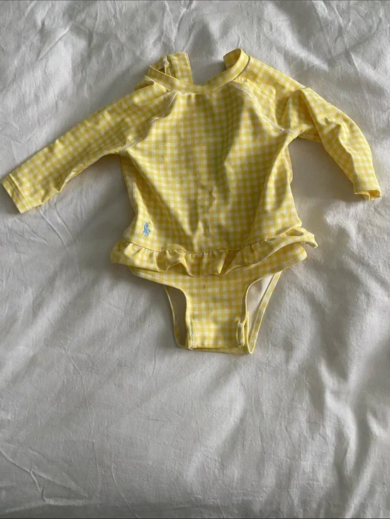 Ralph Lauren Yellow Gingham Long-Sleeve Rash Guard Swimsuit with Ruffle