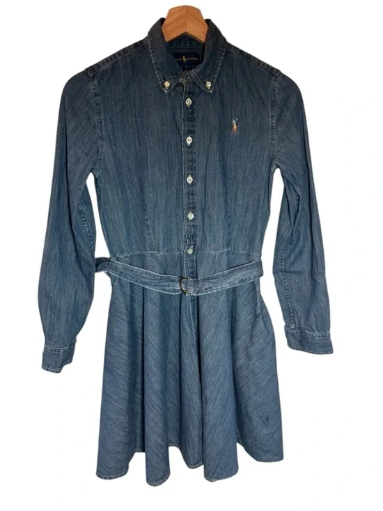 Ralph Lauren Girls Belted Cotton Denim Shirtdress Indigo Blue Preppy Sz 14