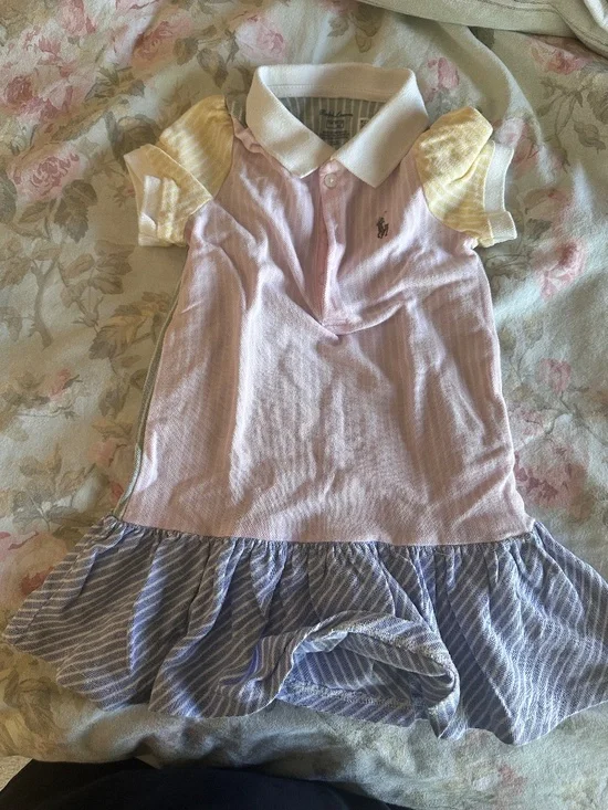 Ralph Lauren Pink Polo Dress Blue Stripe Ruffle Hem Girls 12M