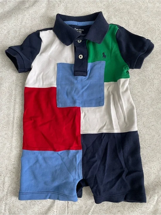 Ralph Lauren Polo Romper Kids 24M Patchwork Colorblock Short Sleeve Pony Logo