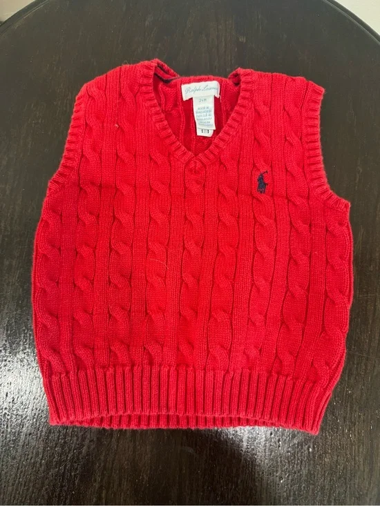Ralph Lauren Bright Red Cable Knit V-Neck Sweater Vest