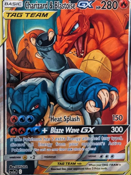 Charizard & Blastoise GX Tag Team FAN ART Card - Bold Red & Blue Art