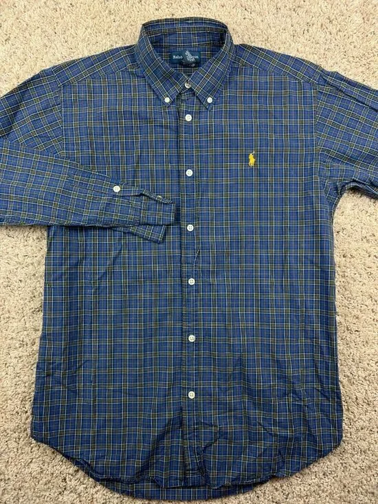 Ralph Lauren Blue Yellow Plaid Boys Size XL Button Up Cotton Casual Long Sleeve