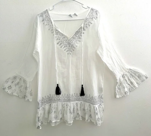 NEW Bohemian Kaftan swim cover up White Blue SMALL/MEDIUM bell sleeves