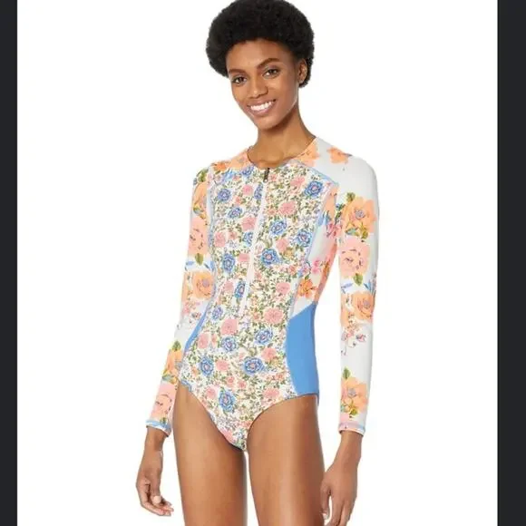 Maaji Floral Long-Sleeve One-Piece Swimsuit in Peach, Blue & White