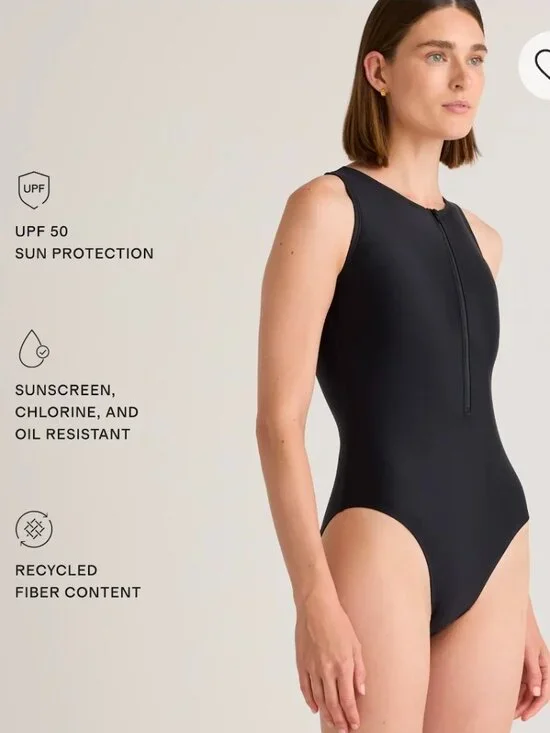 Quince Italian Zip Front One Piece Black Swimsuit Size Large