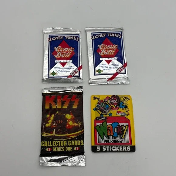 4 Vintage 90s Sealed Trading Card Pack Lot Looney Tunes KISS‎ Wacky Packages