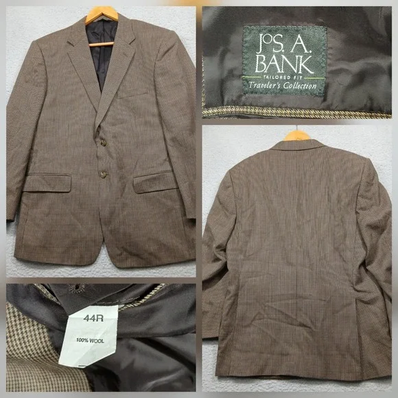 Jos A‎ Bank Traveler's Collection Brown Houndstooth Wool Blazer 44R Tailored Fit