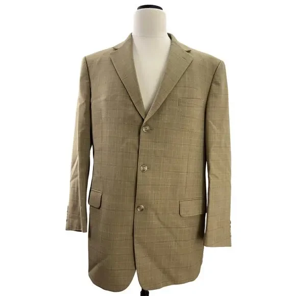 Vintage 90s Oleg Cassini Tan Check Wool Blend Sport Coat Blazer Men's 46R