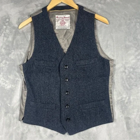 Bibury Court Harris Tweed Wool Herringbone Vest Navy Blue Waistcoat Mens 2 S