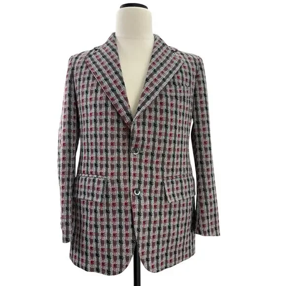 Vintage 70s Men's 38R Plaid Polyester Sport Coat Blazer Red Gray