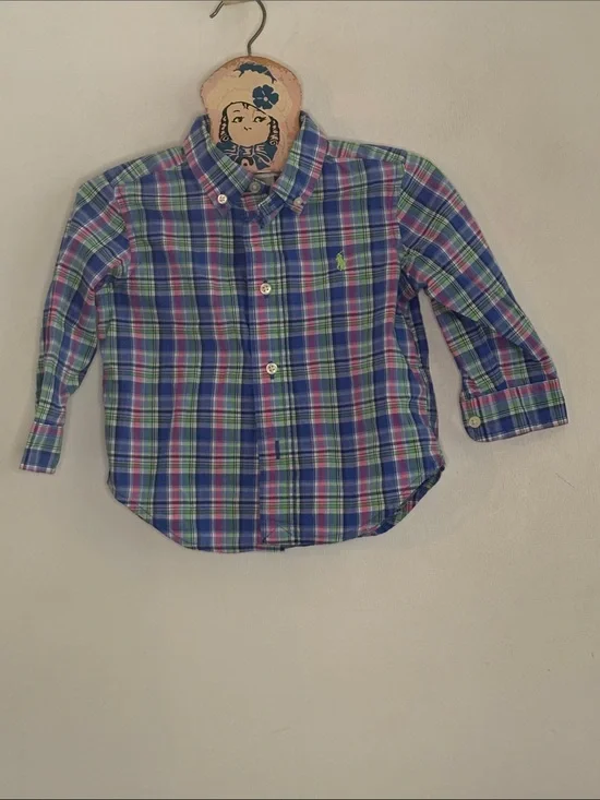 Ralph Lauren purple pink green plaid long sleeve button down shirt Size 12 month