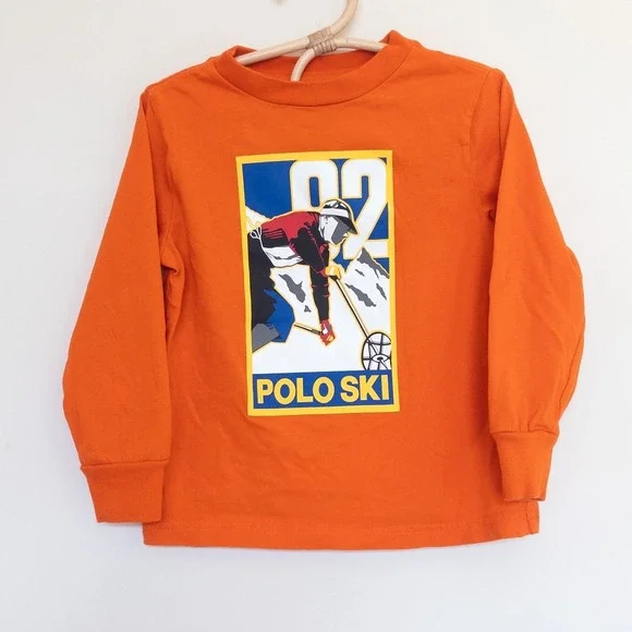Ralph Lauren Polo Ski Shirt Orange Long Sleeve Graphic Tee Kids 3T