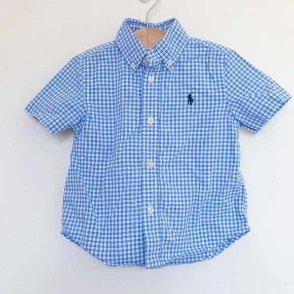 Ralph Lauren Button Down Shirt Blue White Gingham Plaid Short Sleeve Baby 18M