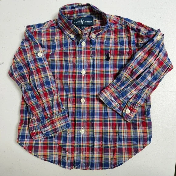 Ralph Lauren Shirt Boys 12M Multi Plaid Button Down Long Sleeve‎ Pony Logo Tab