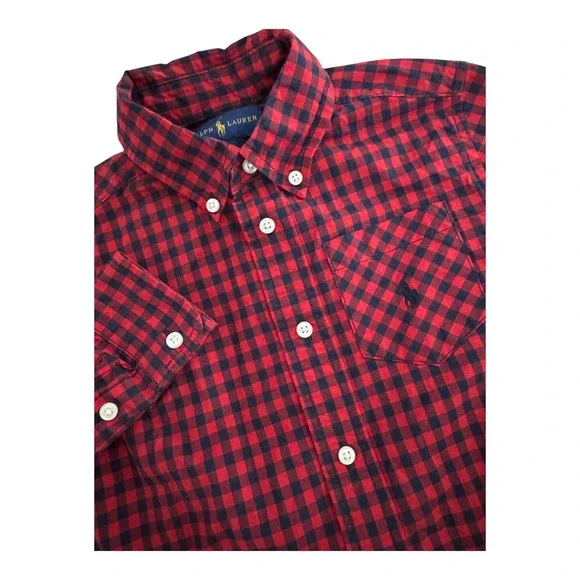 Ralph Lauren Button Down Shirt Red Black Checkered Plaid Pocket Logo Boys Size 5