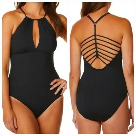 Leilani Horizon High Neck One Piece Strappy Cage Back Black Swimsuit Size 10