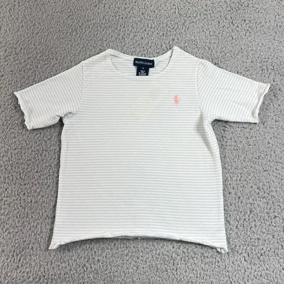 Ralph Lauren Striped T-Shirt‎ Girls 3T Light Blue White Lettuce Trim Logo Tee
