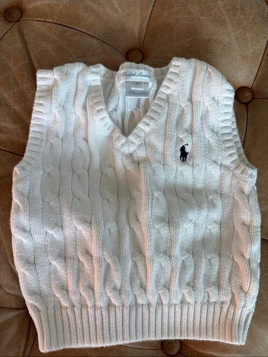 Ralph Lauren White Cable Knit V-Neck Sweater Vest with Navy Polo Logo Size 18Mo