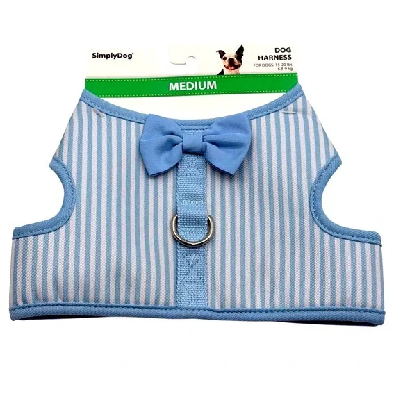 SimplyDog Blue White Striped Bow Dog Harness Medium 15-20 lbs  NEW