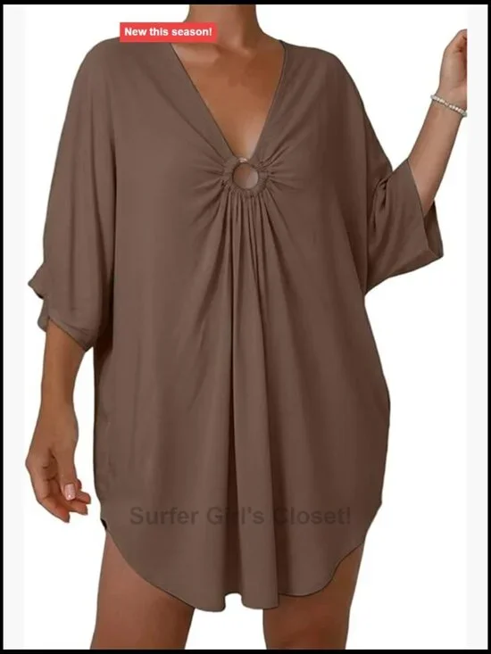 Sheer Batwing Sleeves Beach Cover Up V Neck O Ring Tunic Dress