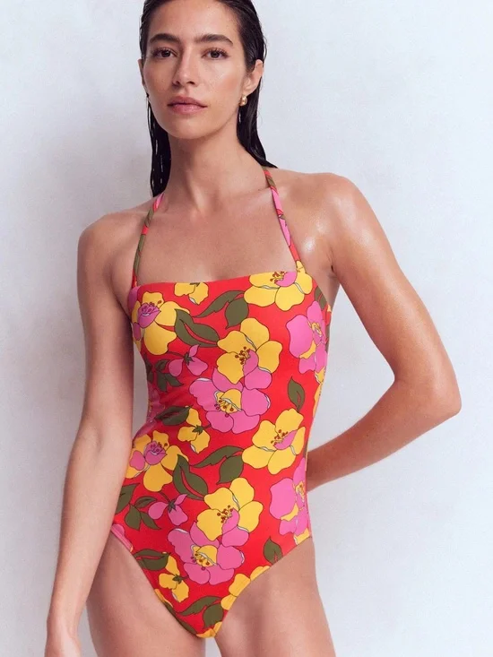 Boden Paros Bandeau Swimsuit - Red, Radiant Bloom