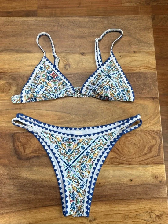 Blue & White Printed Triangle Bikini Set