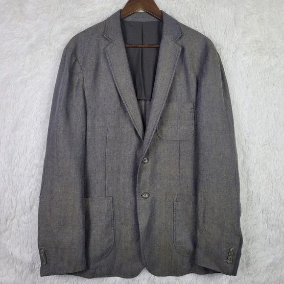 Saks Fifth Ave Mens L Navy & Olive 100% Linen Herringbone Sport‎ Coat Slim Fit