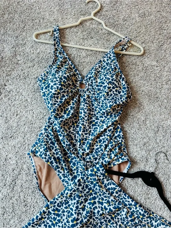 Susan Graver Blue and White Leaf-Print Swim One-Piece with matching Skirt