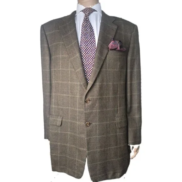 Hickey Freeman Boardroom Sport Coat Men Sz 46L Windowpane Wool/Cashmere Blazer