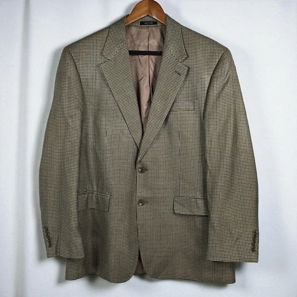Chaps‎ Blazer Men 42R 100% Silk Houndstooth Beige Brown Blue 2 Button Academia