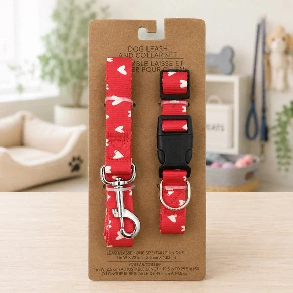 Old Navy Dog Leash & Collar Set Red White Hearts 1