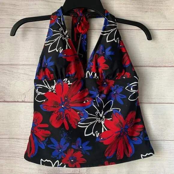 Catalina Floral Halter Tankini Swimsuit Top Red White Blue Size S (4-6)