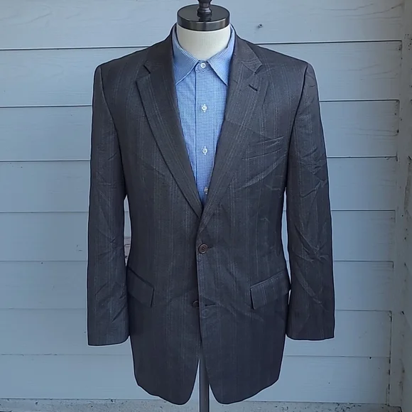 JOHN VARVATOS Dark Brown‎ Grey Striped Worsted Wool Sz 42 L Sport Coat Blazer