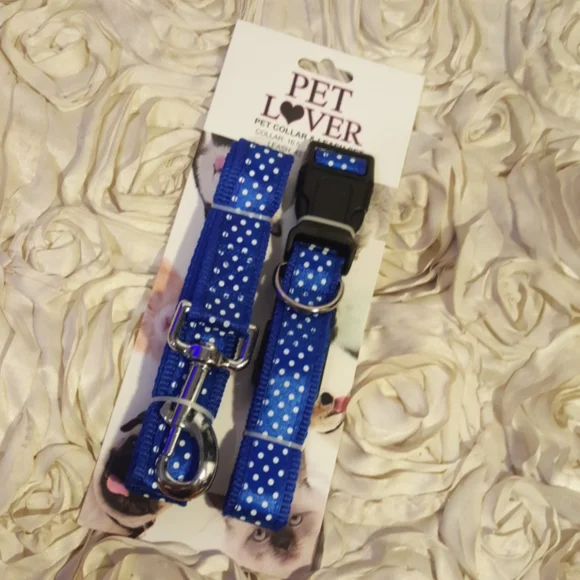 Dog Collar & Leash Set Blue Polka Dot Adjustable Walking Set New.