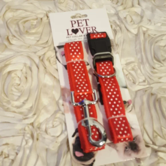 Dog Collar & Leash Set Red Polka Dot Adjustable Walking Set New.