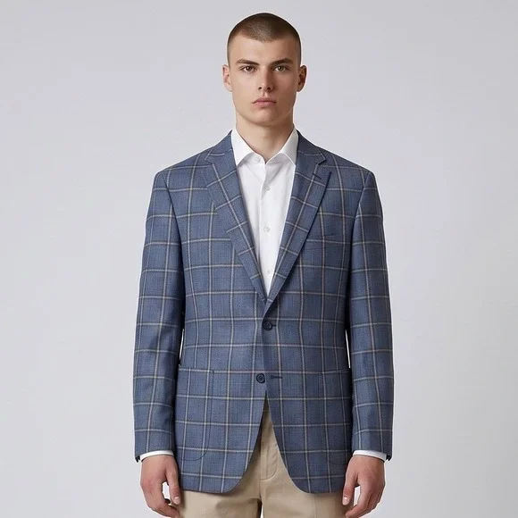 Peter Millar Crown Wool Sport Coat Jacket Men M 42R Blue Windowpane Blazer Plaid